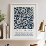 Philippians 4:8 Art Print — Navy Botanical Floral Scripture Wall Art