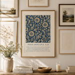 Framed artwork with floral design and text on a wall above a wooden console table.