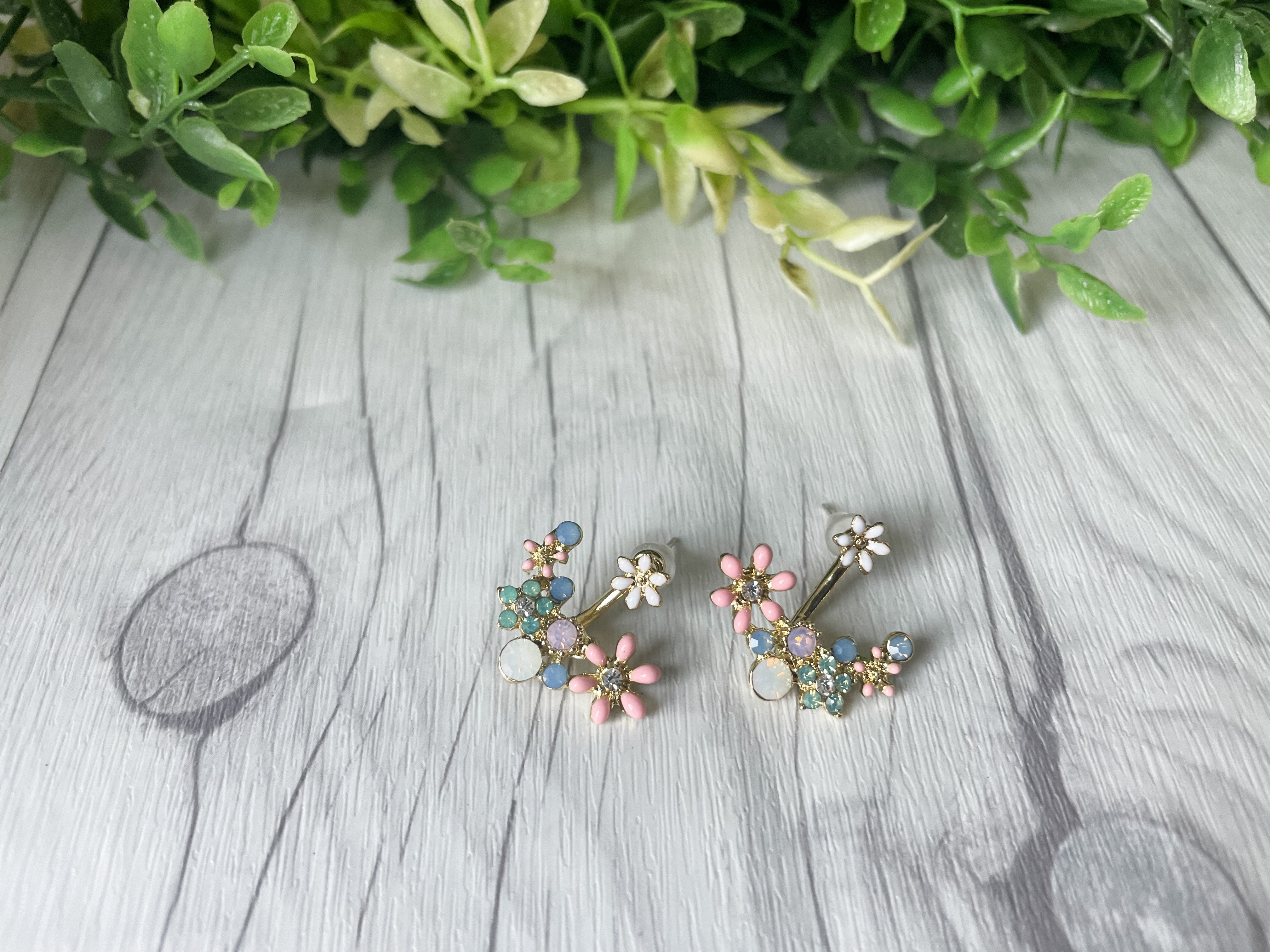 Delicate Gold Floral Garden Crystal Ear Jacket Earrings