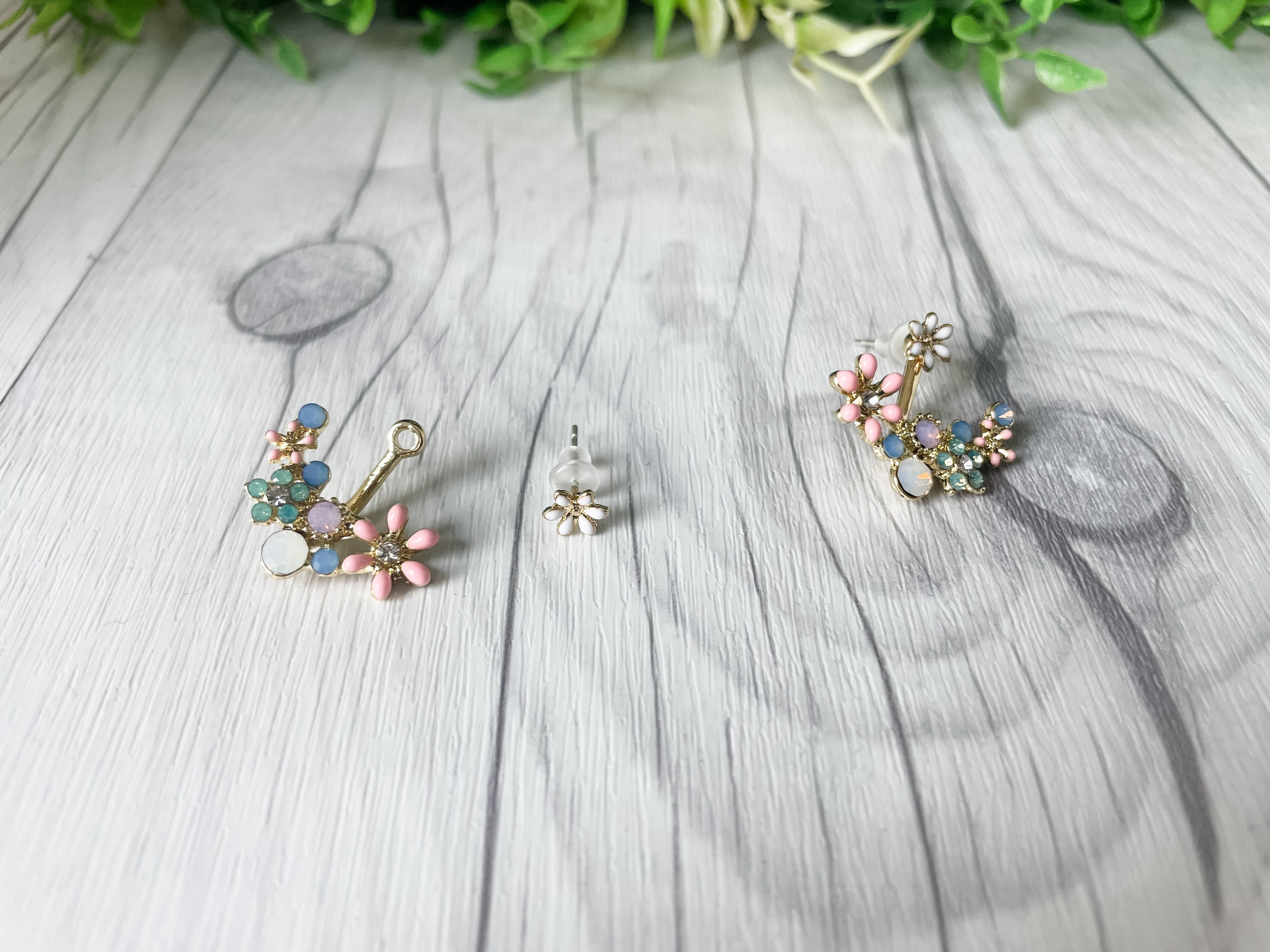 Delicate Gold Floral Garden Crystal Ear Jacket Earrings