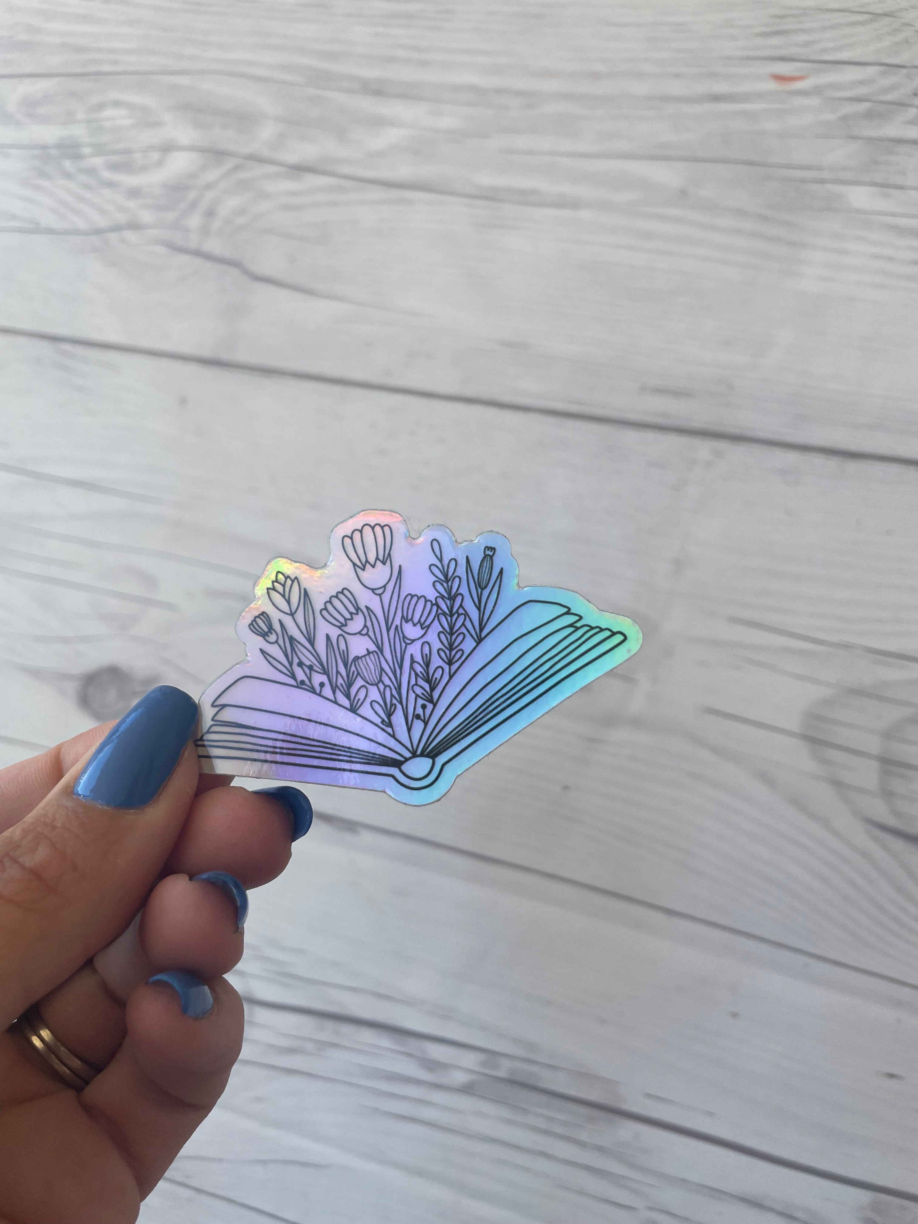 Flower and Book Holographic Vinyl Sticker | Book Sticker | Flowers and Books Stack Sticker | Laptop Sticker | Waterproof Flower Sticker