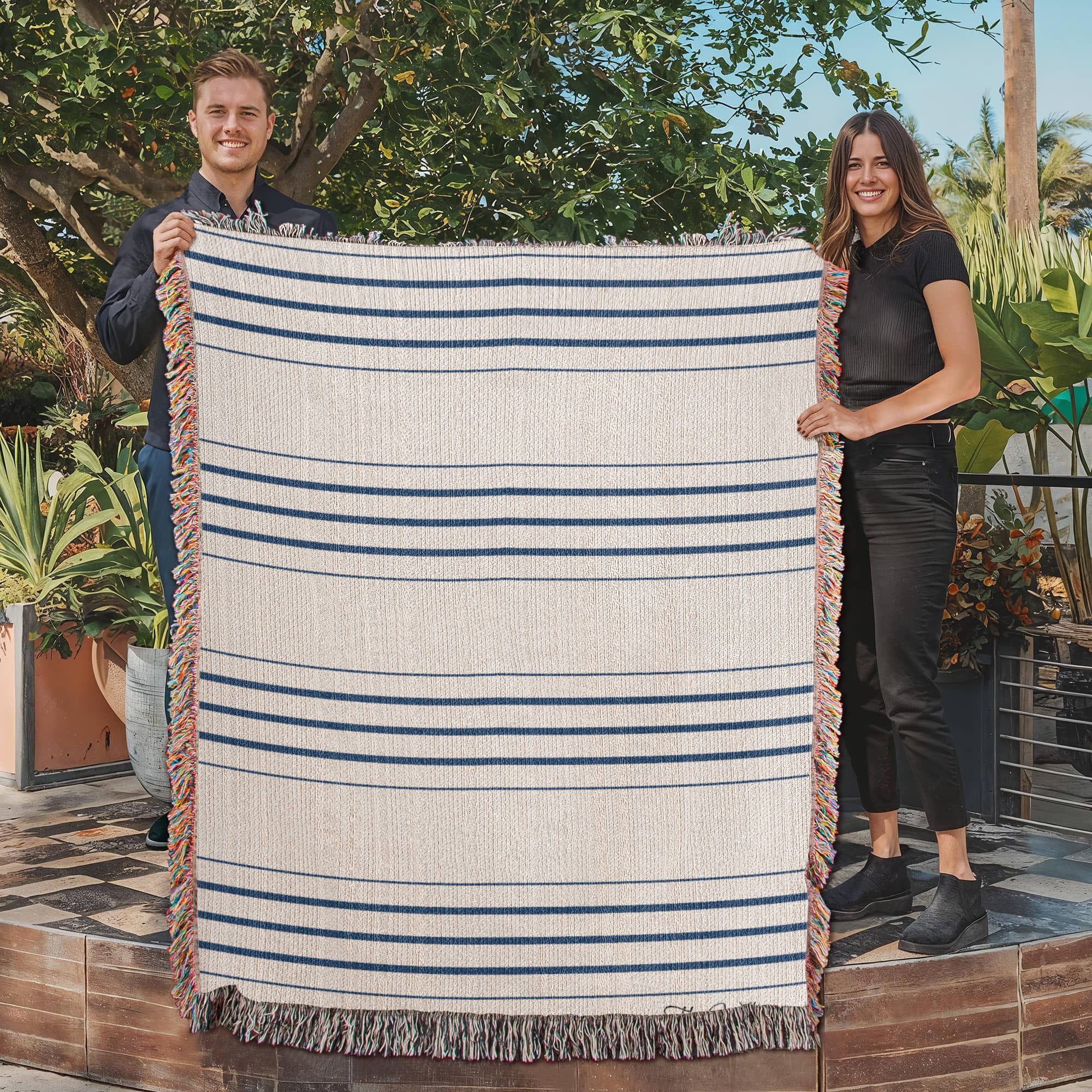 Personalized Woven Throw Blanket | Modern Boho Stripes, Unique Gift for Wedding Engagement Anniversary Keepsake, Family or Couple Last Name