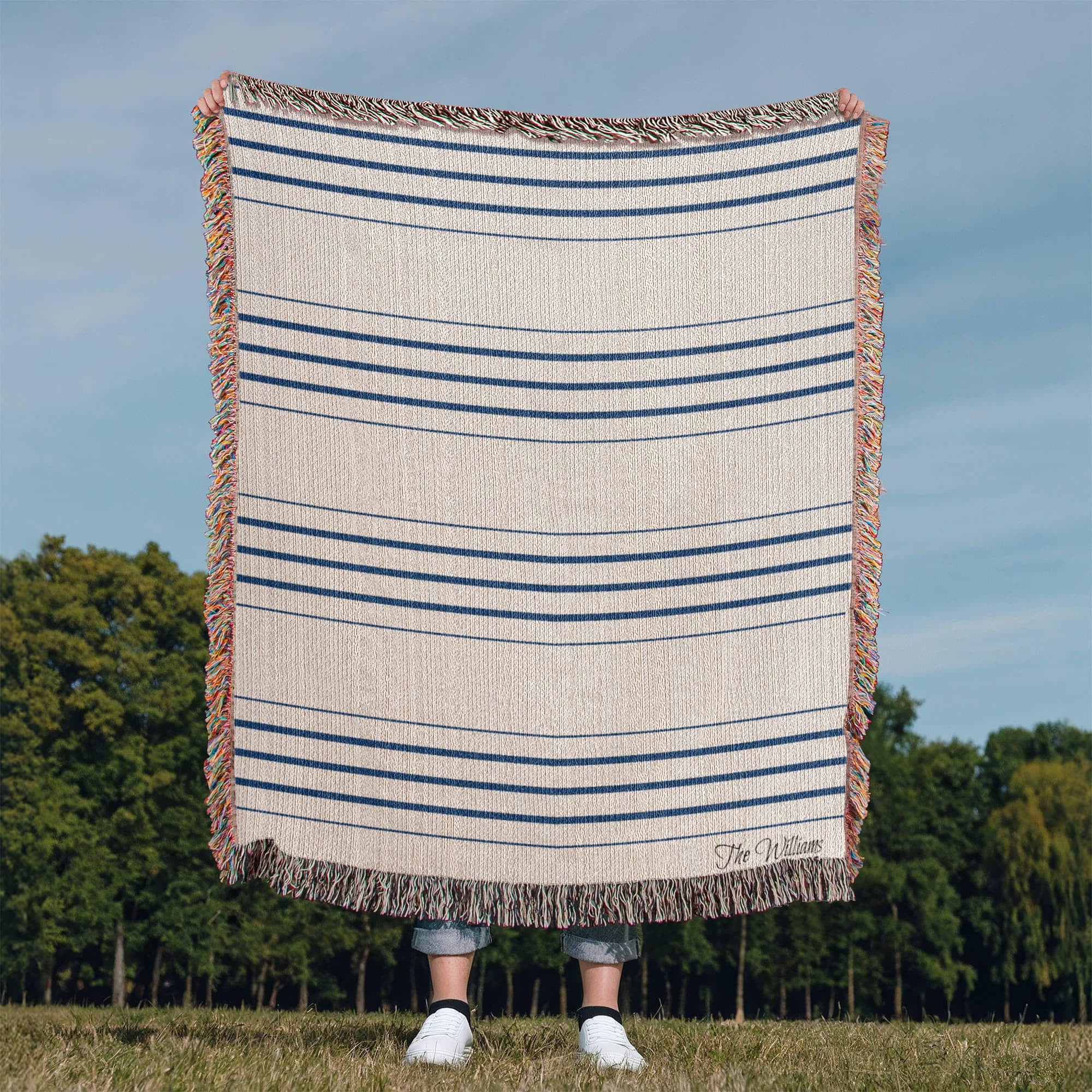 Personalized Woven Throw Blanket | Modern Boho Stripes, Unique Gift for Wedding Engagement Anniversary Keepsake, Family or Couple Last Name