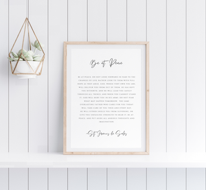 Be at Peace Prayer Print - St Francis de Sales Quote - Catholic Wall Art - Christian Poster Print - Inspirational Scripture Decor