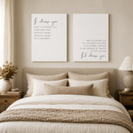 I Choose You wedding vow canvas set displayed above a bedside bench with lamp, throw blanket, and vase in a taupe bedroom