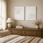 Two-piece I Choose You canvas art above a tan upholstered headboard styled with sage green and cream pillows
