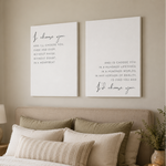 I Choose You canvas set of 2 hanging above a wooden dresser with lamp, books, and dried florals in a neutral bedroom