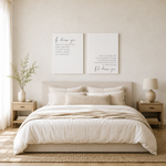 I Choose You wedding vow canvas set displayed above a bedside bench with lamp, throw blanket, and vase in a taupe bedroom