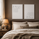 I Choose You wedding vow canvas set displayed above a bedside bench with lamp, throw blanket, and vase in a taupe bedroom