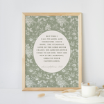 Framed artwork with floral design and text on a light gray background