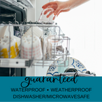 Person loading a dishwasher with text about product features - waterproof guarantee