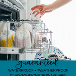 Graphic explaining that stickers are guaranteed waterproof