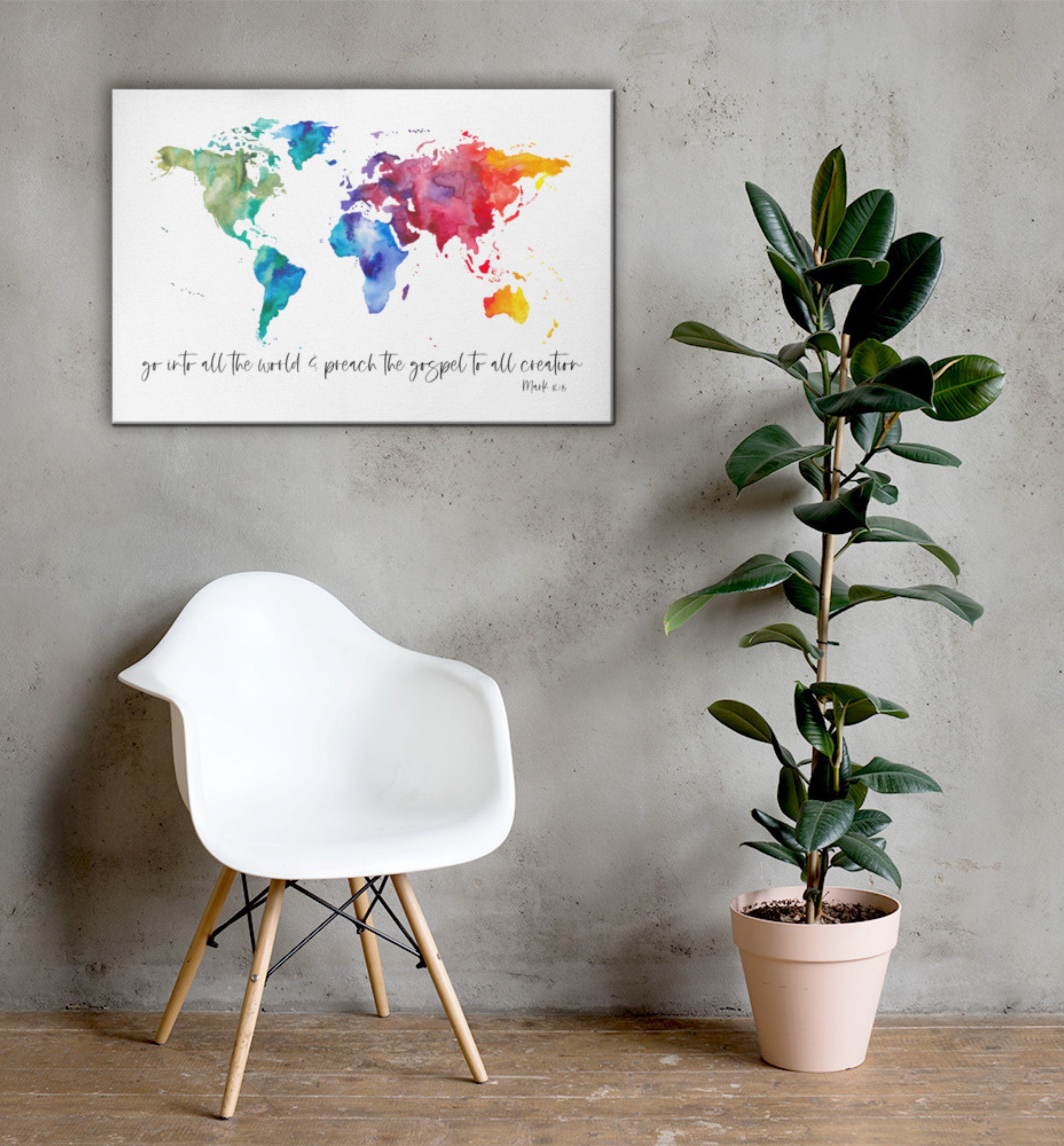 Mark 16:15 Canvas | Go Into All The World & Preach The Gospel To All Creation Canvas | World Map | Scripture Art | Ilustrated Scripture