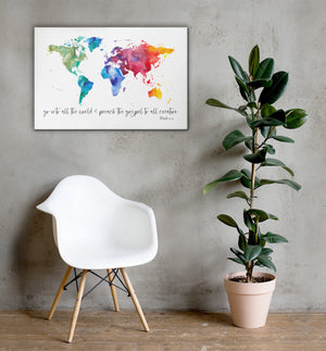 Mark 16:15 Canvas | Go Into All The World & Preach The Gospel To All Creation Canvas | World Map | Scripture Art | Ilustrated Scripture