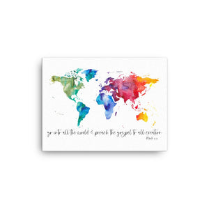 Mark 16:15 Canvas | Go Into All The World & Preach The Gospel To All Creation Canvas | World Map | Scripture Art | Ilustrated Scripture