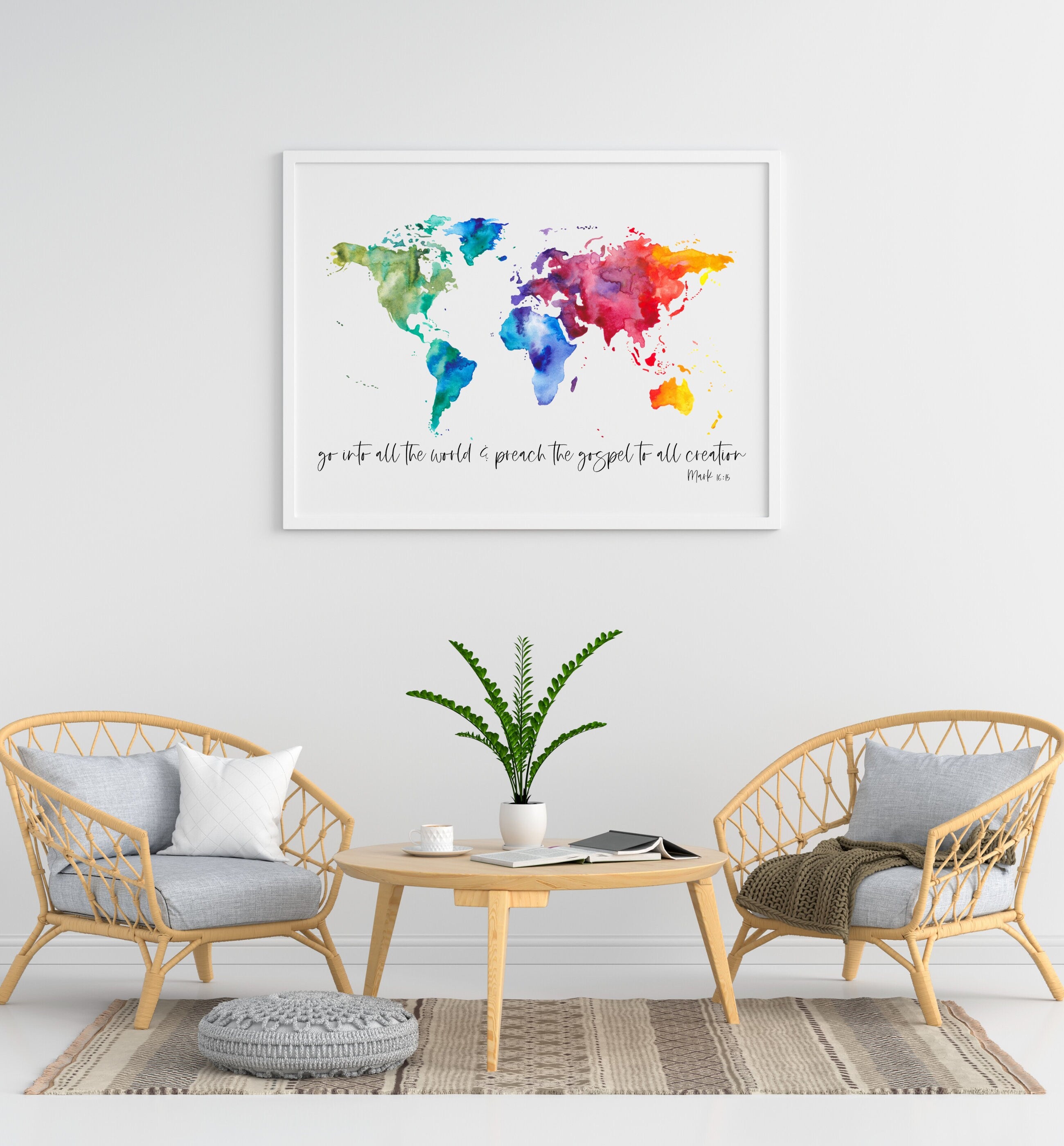 Mark 16:15 Poster | Go Into All The World & Preach The Gospel To All Creation World Map Large Format Poster, Printed Art 16x20, 18x24, 24x36