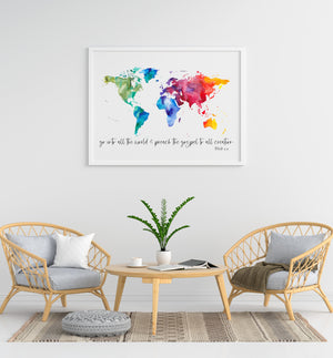 Mark 16:15 Poster | Go Into All The World & Preach The Gospel To All Creation World Map Large Format Poster, Printed Art 16x20, 18x24, 24x36