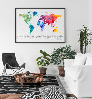 Mark 16:15 Poster | Go Into All The World & Preach The Gospel To All Creation World Map Large Format Poster, Printed Art 16x20, 18x24, 24x36