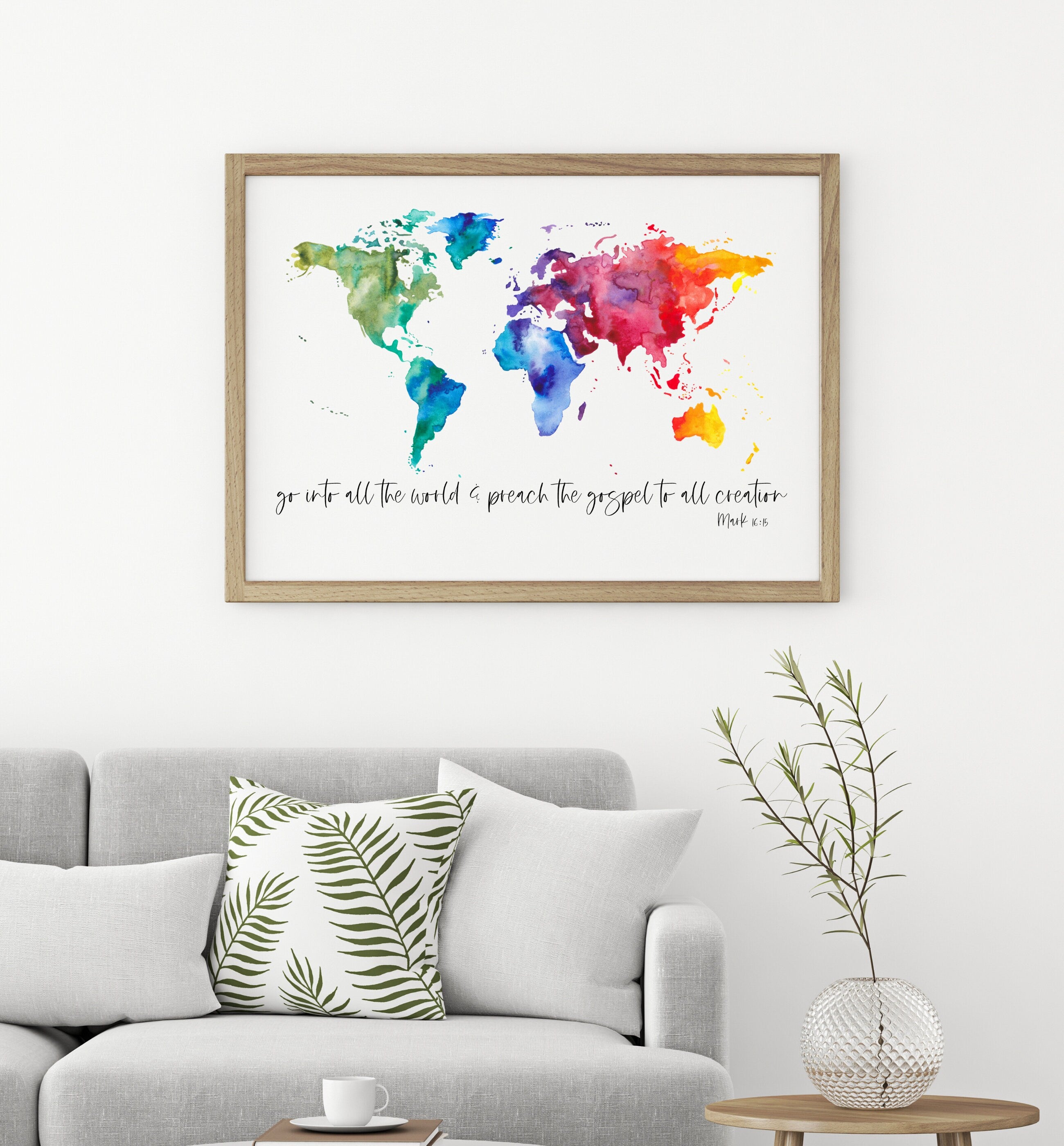 Mark 16:15 Poster | Go Into All The World & Preach The Gospel To All Creation World Map Large Format Poster, Printed Art 16x20, 18x24, 24x36