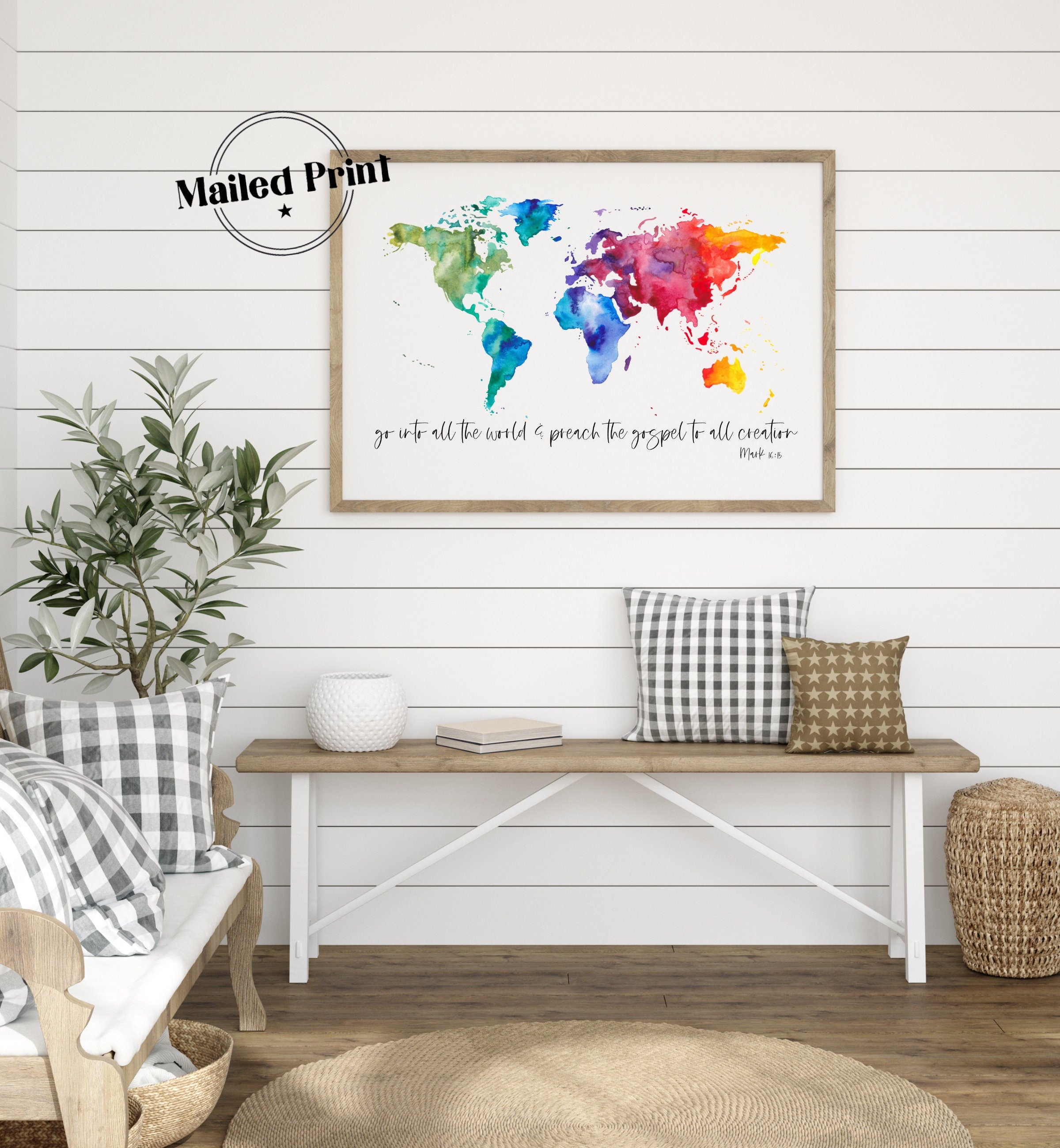 Mark 16:15 Poster | Go Into All The World & Preach The Gospel To All Creation World Map Large Format Poster, Printed Art 16x20, 18x24, 24x36