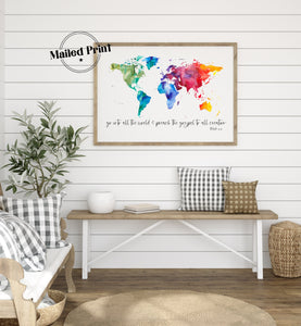 Mark 16:15 Poster | Go Into All The World & Preach The Gospel To All Creation World Map Large Format Poster, Printed Art 16x20, 18x24, 24x36