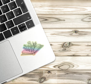 Flower and Book Holographic Vinyl Sticker | Book Sticker | Flowers and Books Stack Sticker | Laptop Sticker | Waterproof Flower Sticker