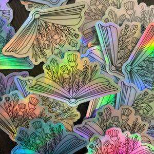 Flower and Book Holographic Vinyl Sticker | Book Sticker | Flowers and Books Stack Sticker | Laptop Sticker | Waterproof Flower Sticker