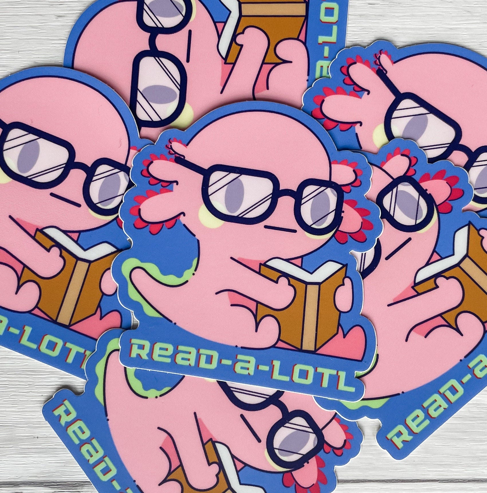 Readalotl Axolotl Vinyl Sticker | Book Sticker | Book Lover Sticker | 90's Vibe | Kindle Laptop Water Bottle Sticker | Waterproof Sticker