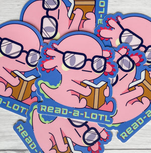 Readalotl Axolotl Vinyl Sticker | Book Sticker | Book Lover Sticker | 90's Vibe | Kindle Laptop Water Bottle Sticker | Waterproof Sticker