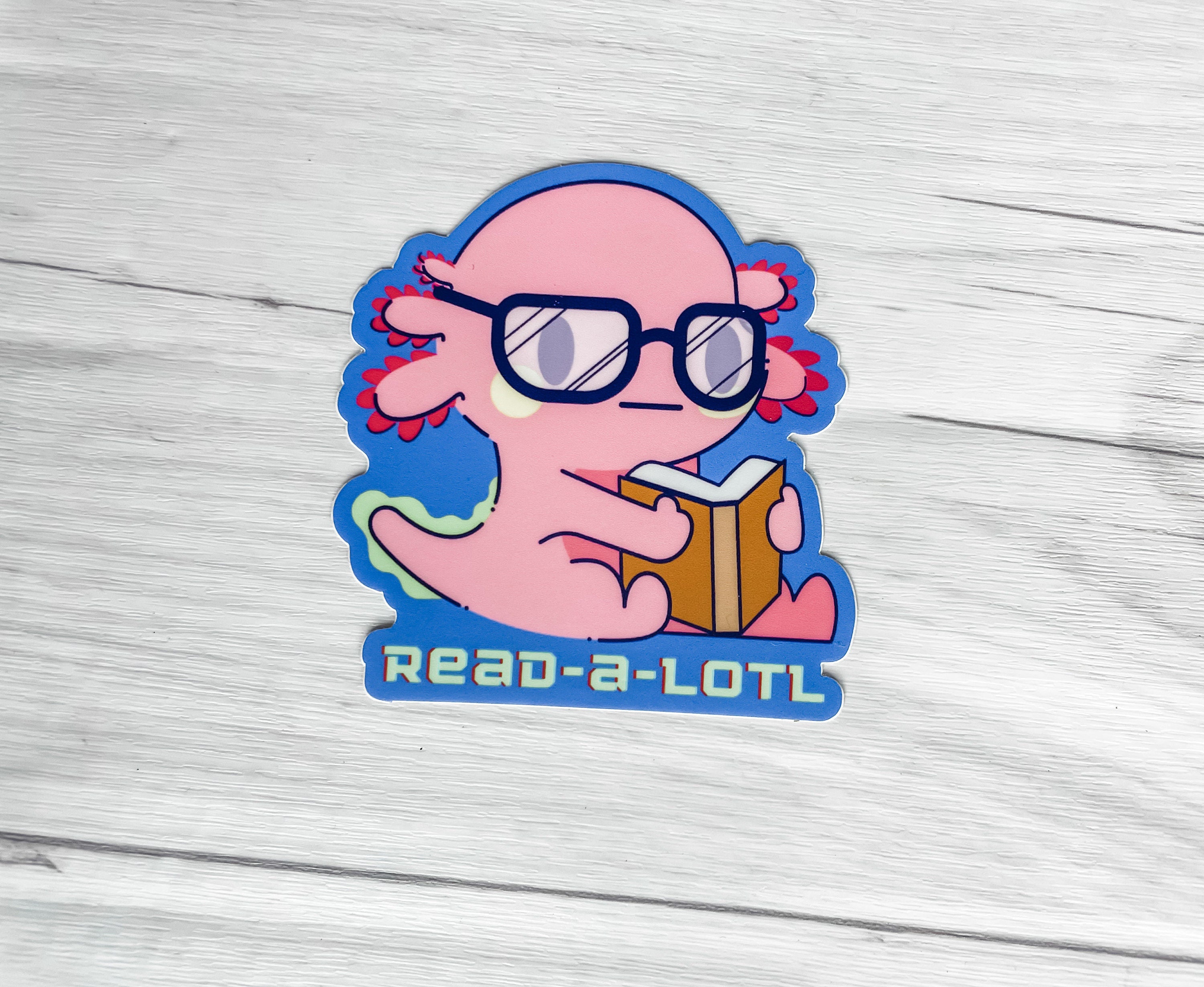 Readalotl Axolotl Vinyl Sticker | Book Sticker | Book Lover Sticker | 90's Vibe | Kindle Laptop Water Bottle Sticker | Waterproof Sticker