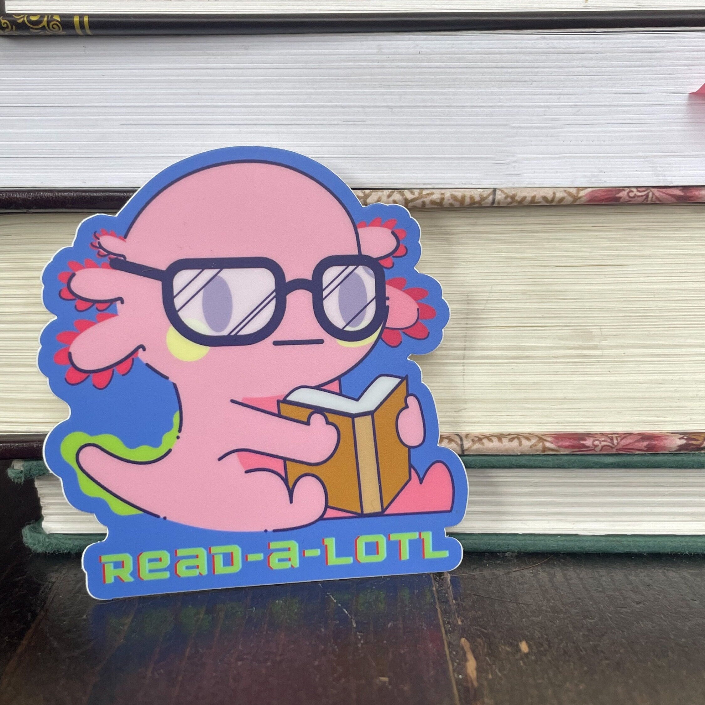 Readalotl Axolotl Vinyl Sticker | Book Sticker | Book Lover Sticker | 90's Vibe | Kindle Laptop Water Bottle Sticker | Waterproof Sticker