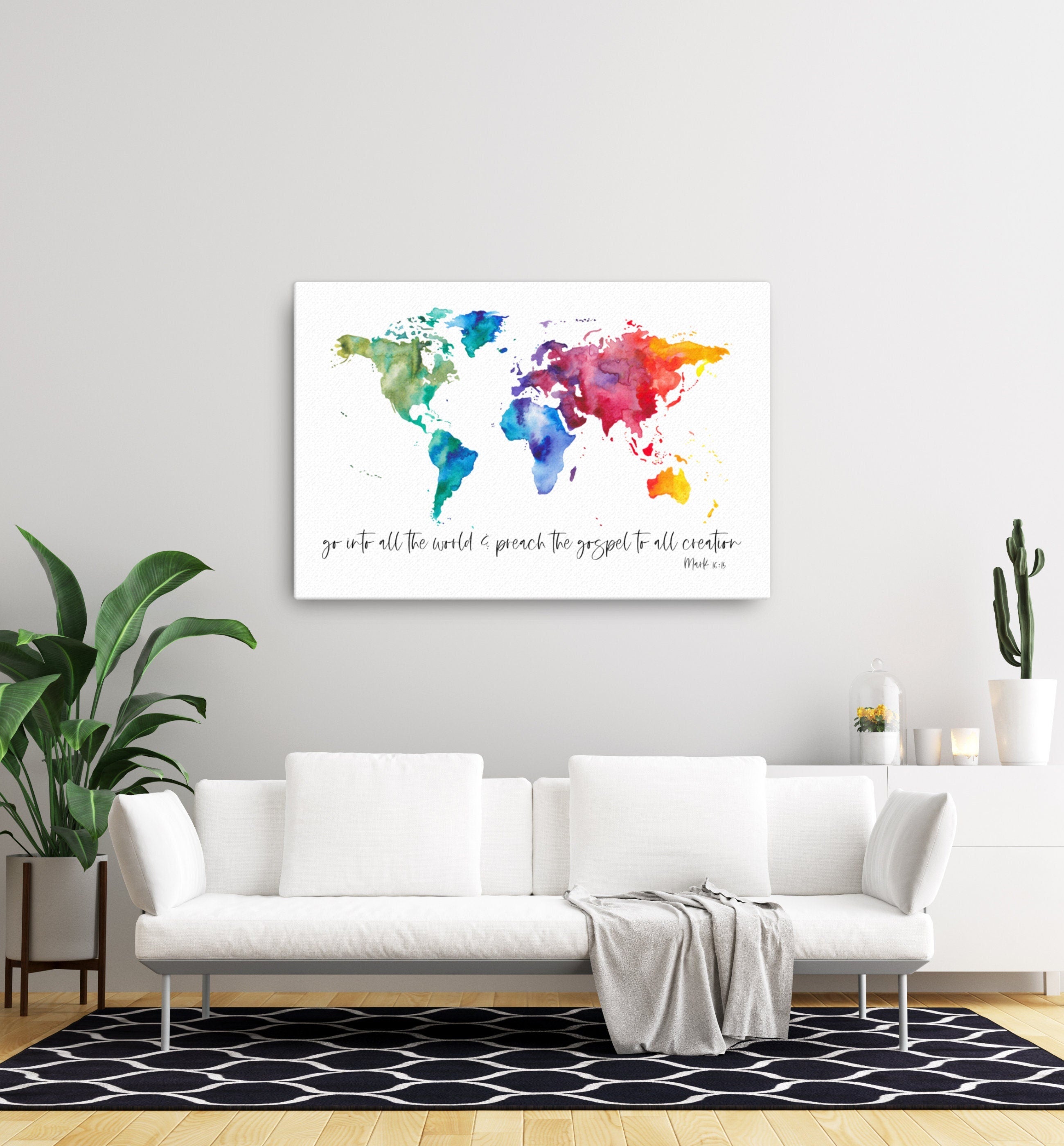 Mark 16:15 Canvas | Go Into All The World & Preach The Gospel To All Creation Canvas | World Map | Scripture Art | Ilustrated Scripture