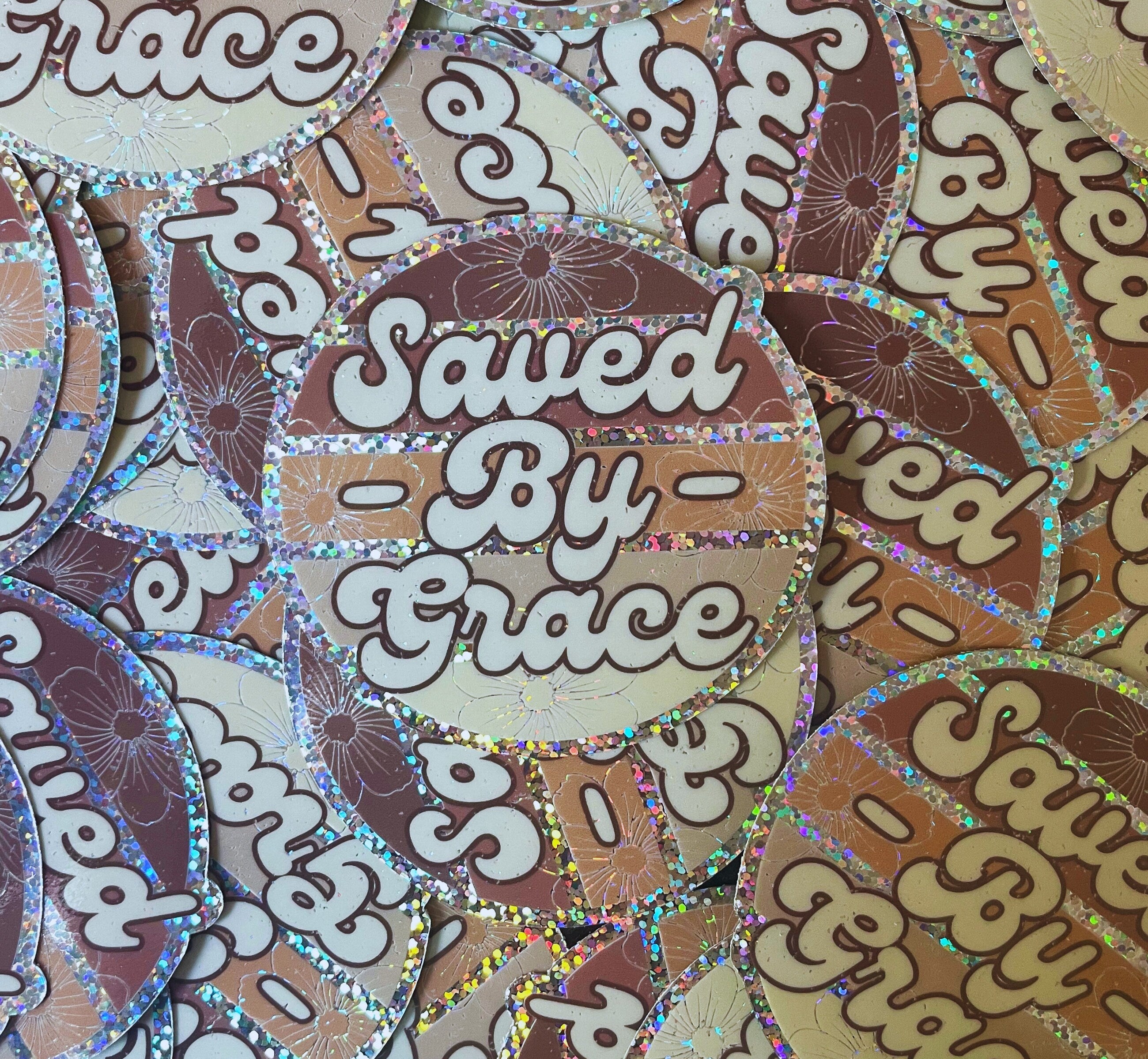 Saved By Grace Retro Glitter Sticker | Ephesians 2:8-9 | Water bottle, Laptop Stickers | Vinyl Waterproof Sticker