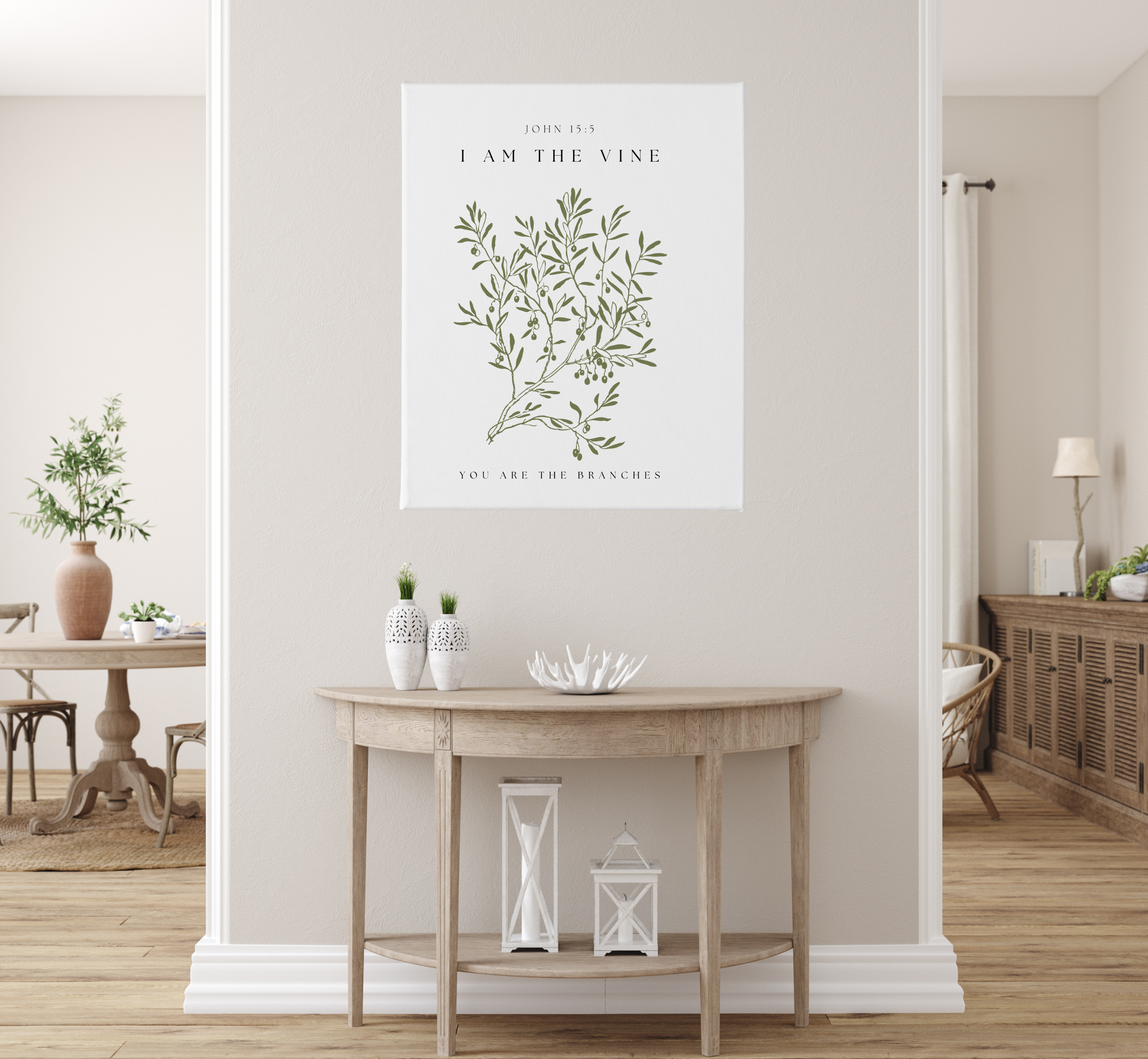 John 15:5 Scripture Canvas – Modern Christian Wall Art – I Am the Vine Bible Verse Print
