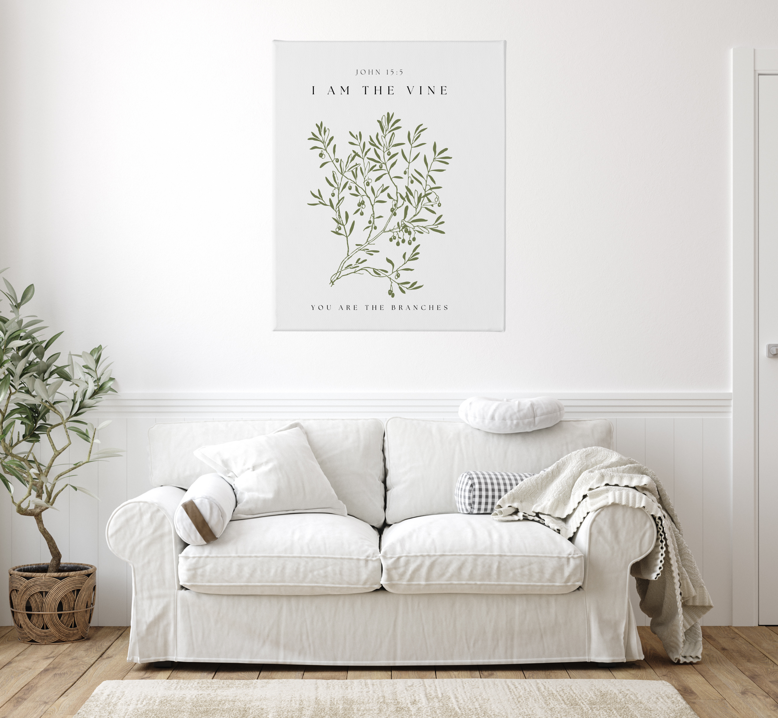 John 15:5 Scripture Canvas – Modern Christian Wall Art – I Am the Vine Bible Verse Print